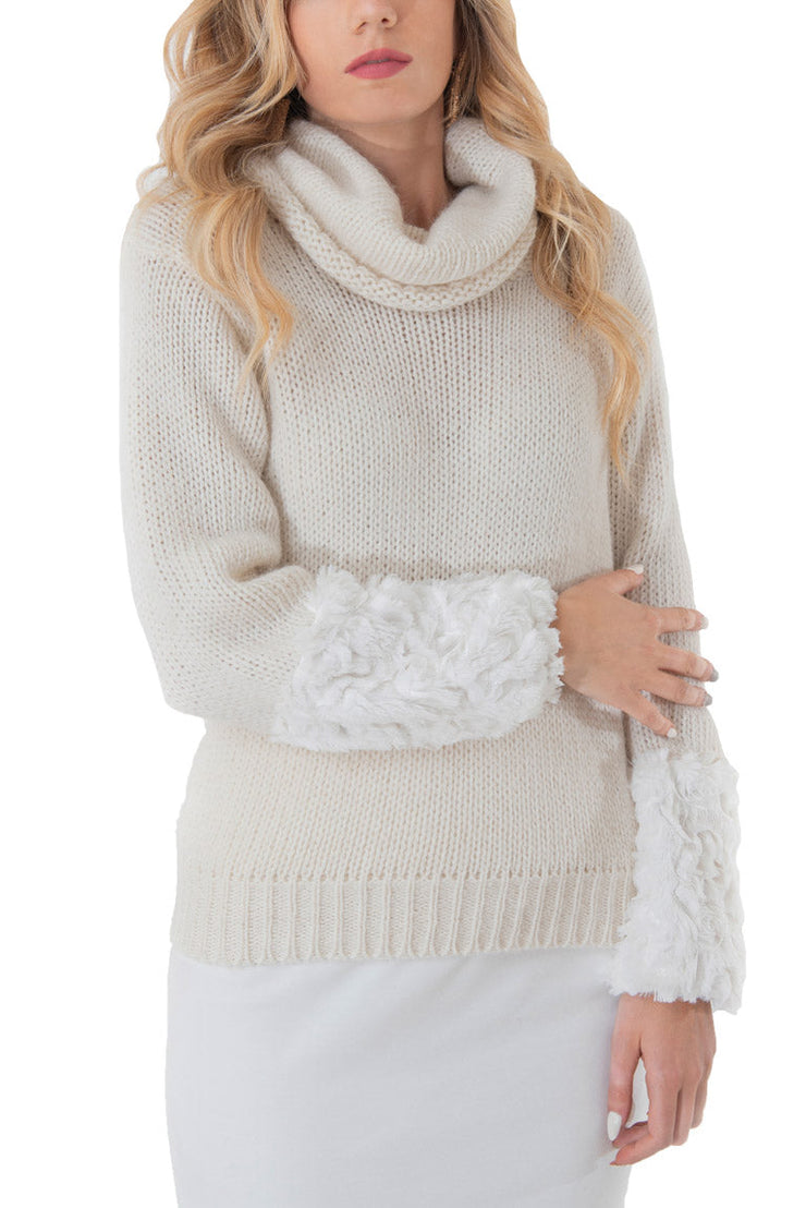 maglione donna collo maniche ecopelliccia bianco invernale lana alpaca 
