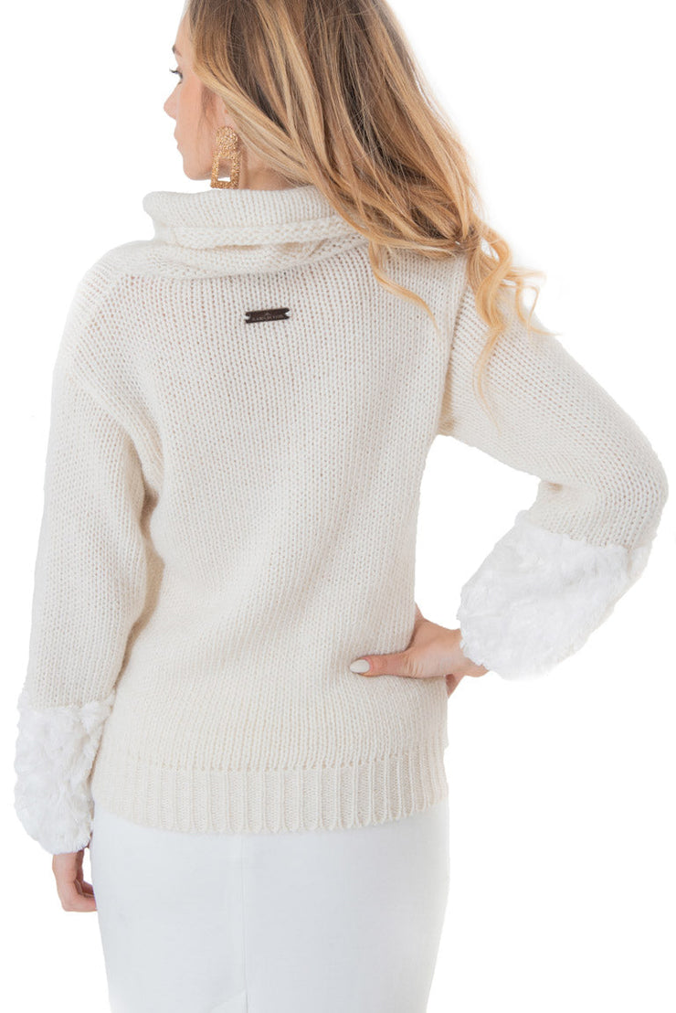 maglione donna collo maniche ecopelliccia bianco invernale lana alpaca
