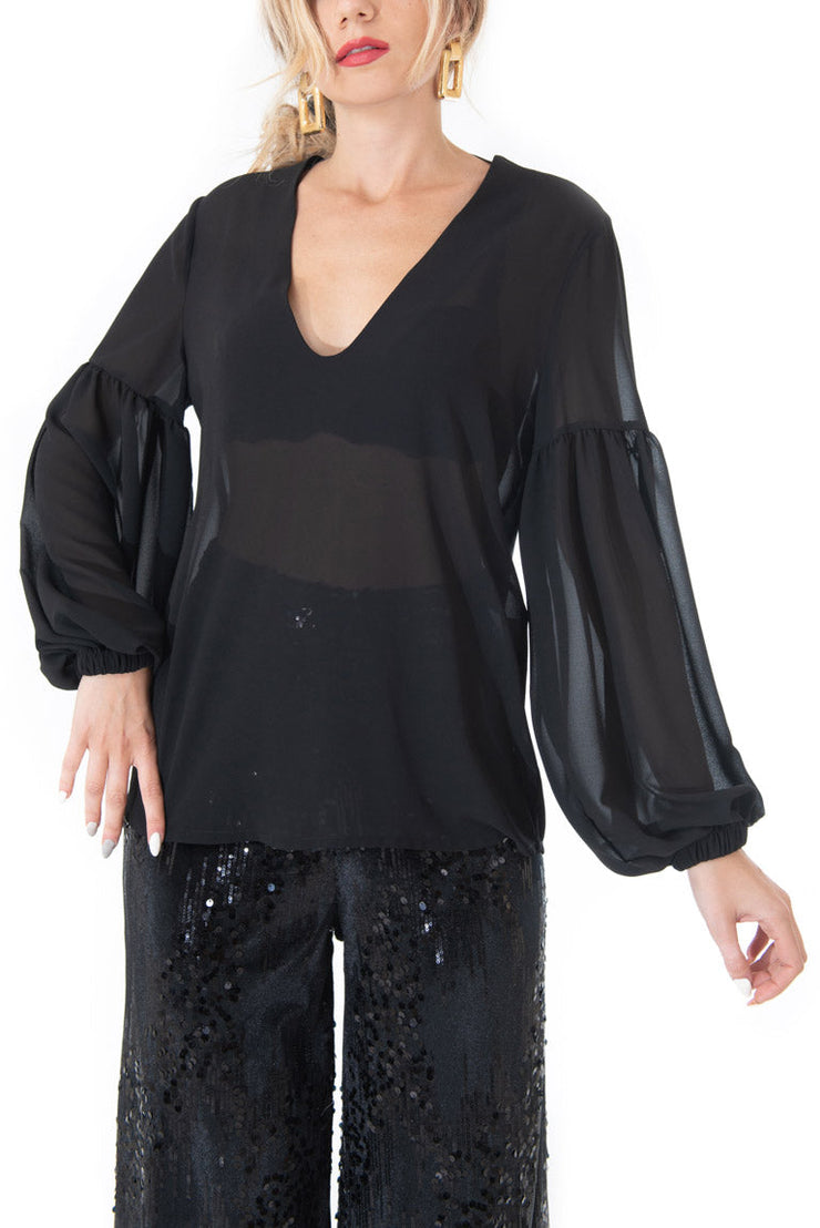 blusa nera maniche palloncino elegante outfit festa compleanno laurea donna abbigliamento maglia