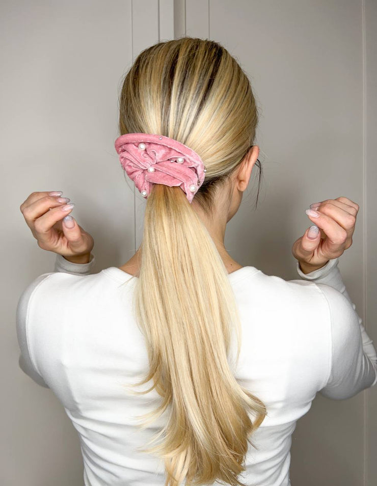 Elastico per capelli rosa con perle e fiori di strass