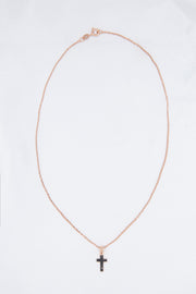 collana pendente croce zirconi neri argento925 oro rosa