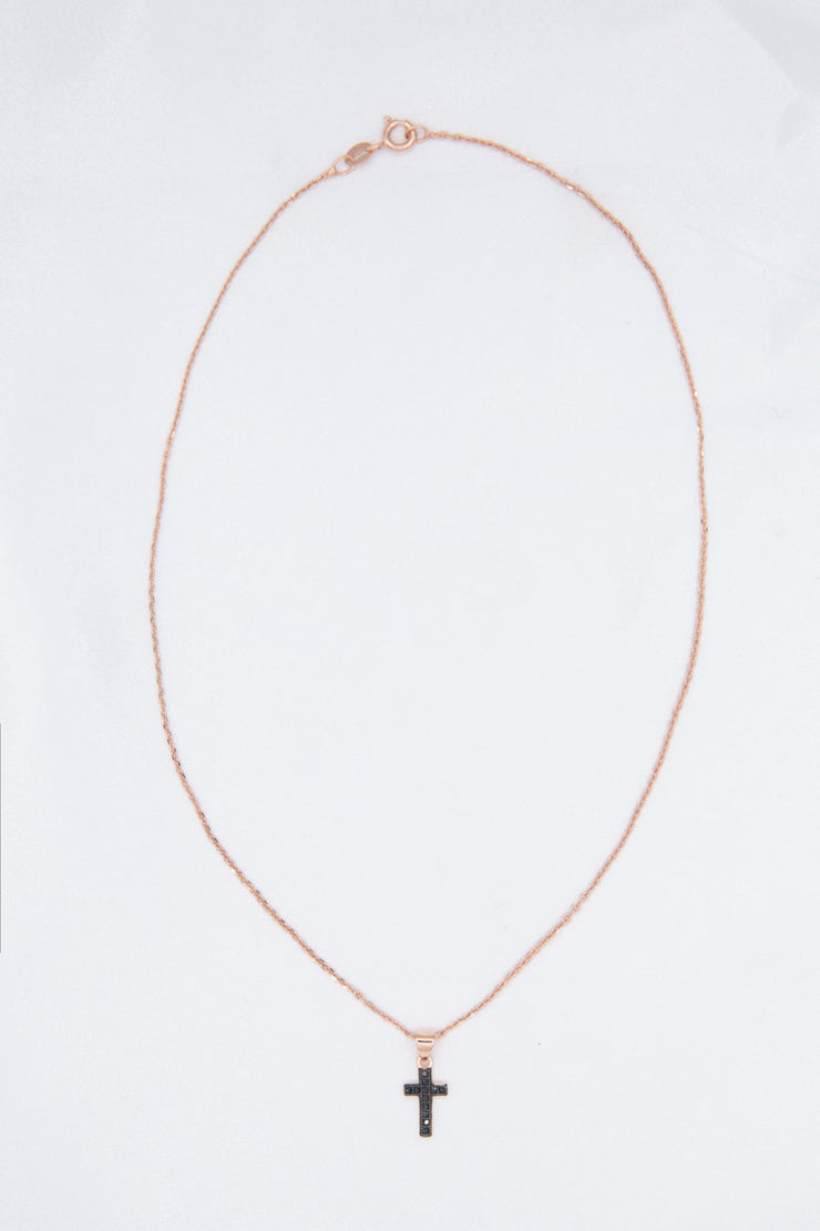 collana pendente croce zirconi neri argento925 oro rosa