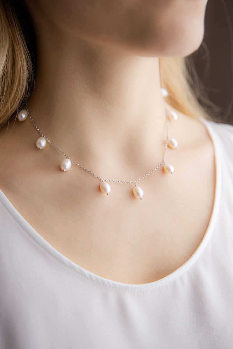 MicLee Collana Con Ciondolo In Argento 925 E Perla Naturale 1 Cm - Elegante Gioiello Per Donna, Catena 45 Cm, Regalo Con Sacchetto Di Velluto