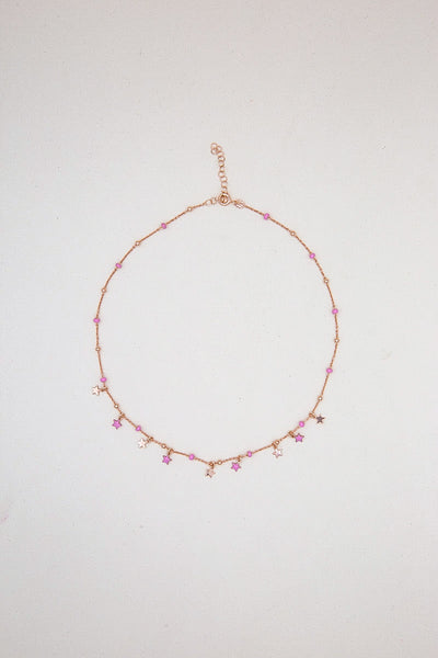 Collana oro rosa e stelline con pallini smaltati rosa