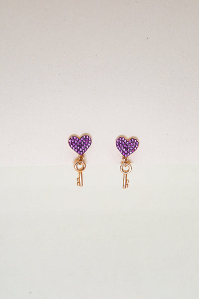 NORA - Orecchini con cuore fucsia e chiave