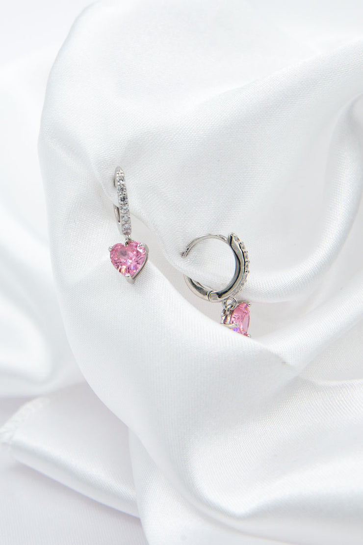 Orecchini cerchietto argento zirconi e cuoricino pendente rosa