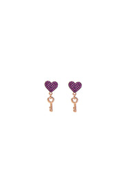orecchini cuore pendente chiave argento925 oro rosa zirconi fucsia viola