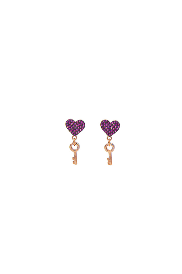 orecchini cuore pendente chiave argento925 oro rosa zirconi fucsia viola